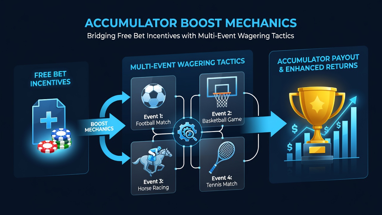 Diagram displaying free bet flow into accumulator structures with boost activation points