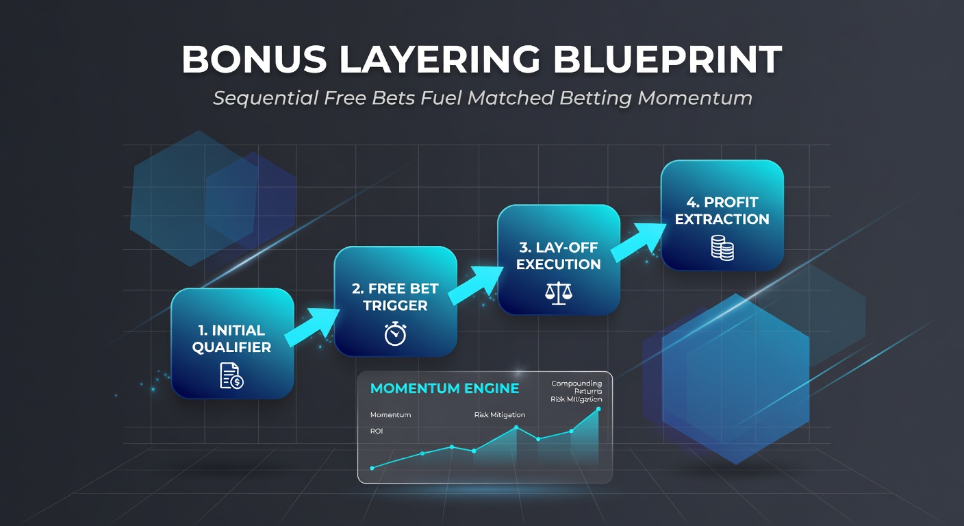 Infographic illustrating the step-by-step process of layering sequential free bets in matched betting, showing profit accumulation over multiple bookmakers