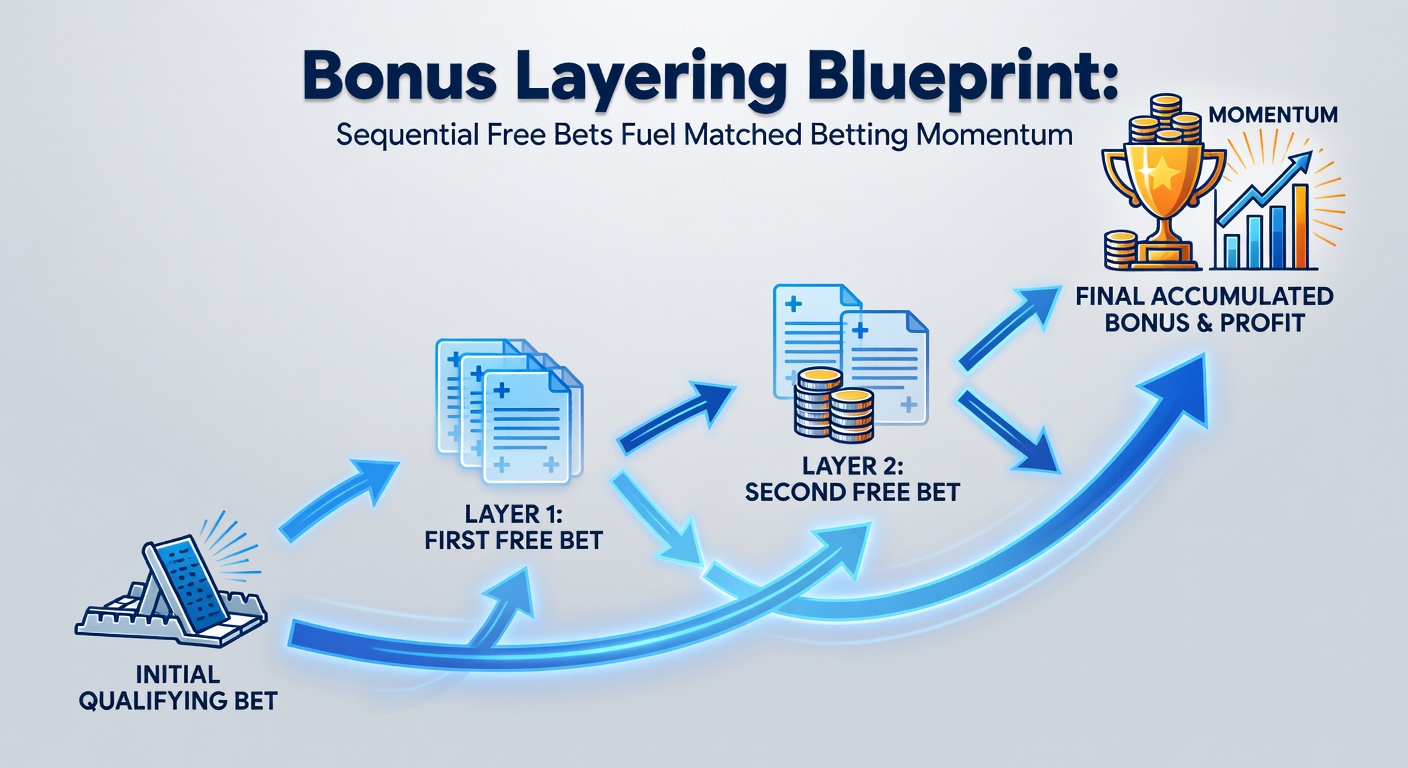 Chart depicting profit growth from sequential free bet layers over a 10-day matched betting cycle, highlighting key bookmaker transitions
