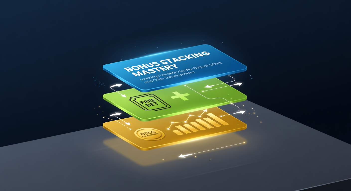 Graphic showing layered betting bonuses with free bet icons, no-deposit chips, and odds boost arrows stacking upward toward profit symbols