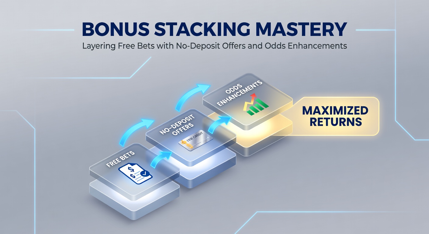 Infographic illustrating bonus stacking flow: no-deposit base, free bet overlay, odds boost multiplier leading to cashout arrow