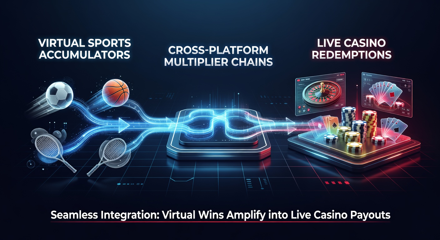 Screenshot of a mobile app interface displaying cross-platform multiplier chain progress from virtual sports to live casino redemptions