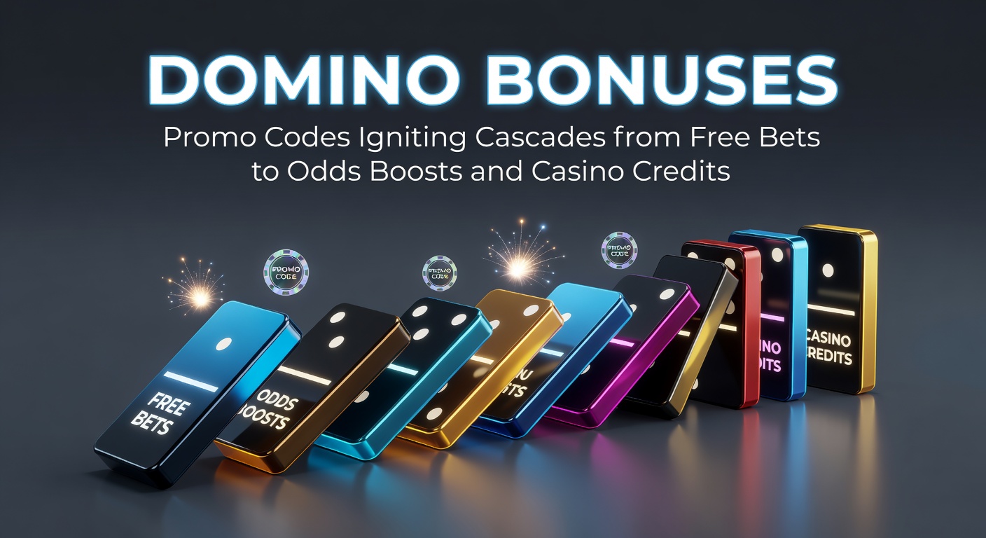 Visual representation of domino bonuses falling in sequence, starting with a promo code and leading to free bets, boosted odds, and casino credits piling up