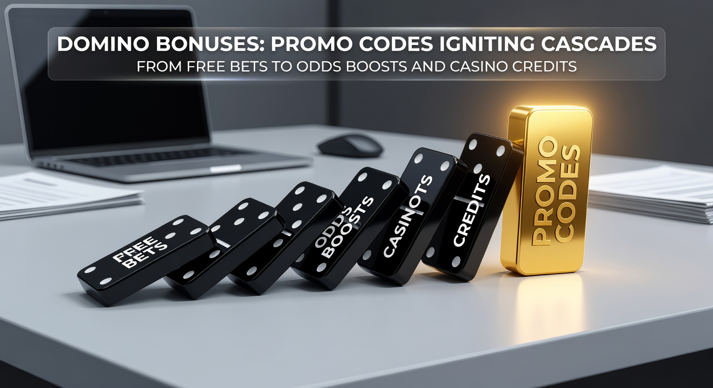 Infographic illustrating a domino bonus chain: promo code entry leads to free bet win, odds boost activation, and casino credits unlocking further play
