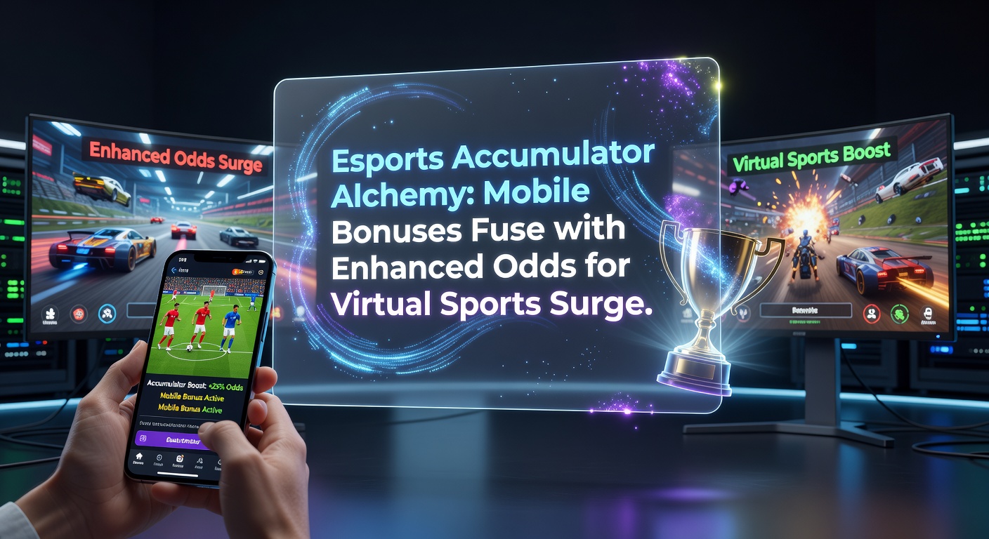 Dynamic esports arena wth glowing accumulator bet interfaces and mobile screens showing fused bonuses and odds boosts