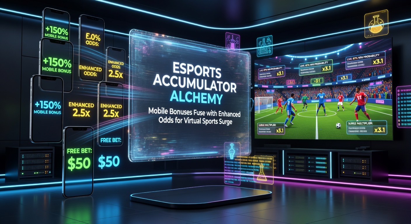 Close-up of a mobile betting app displaying an esports accumulator with glowing enhanced odds icons and bonus fusions activating a virtual sports parlay