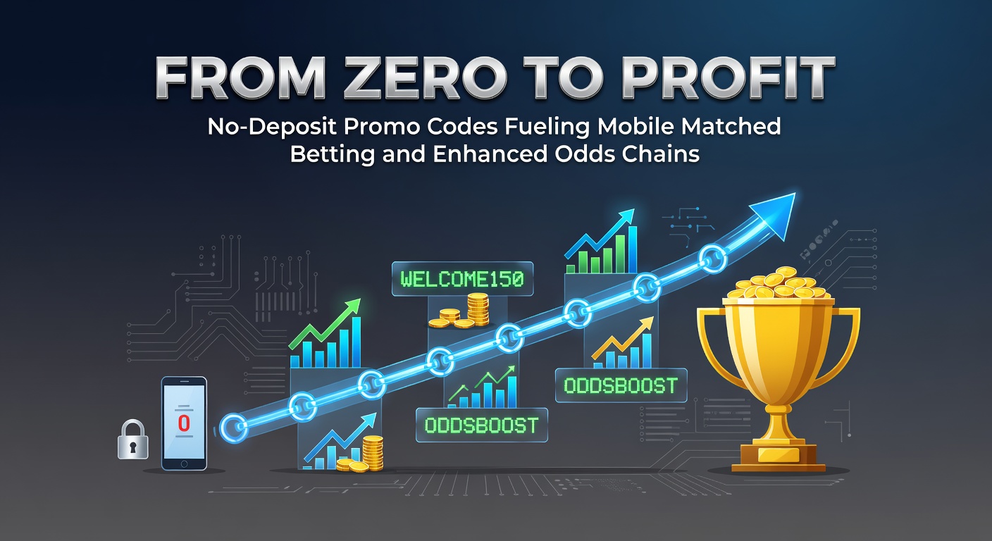 Smartphone screen displaying a no-deposit betting promo code activation on a mobile app, with profit calculations overlayed for matched betting