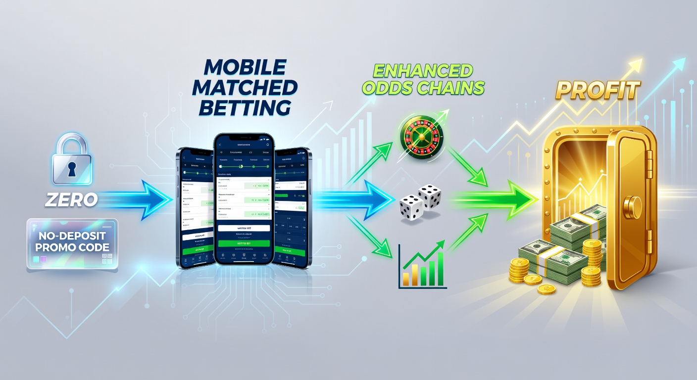 Infographic showing a chain of enhanced odds bets starting from a no-deposit free bet, progressing to compounded profits on a mobile betting interface