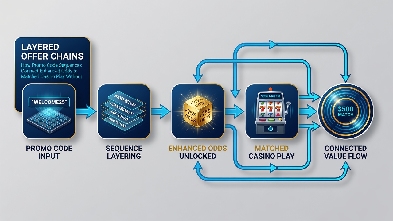 Flowchart illustrating transition from sports betting promo codes to deposit-free casino matched play