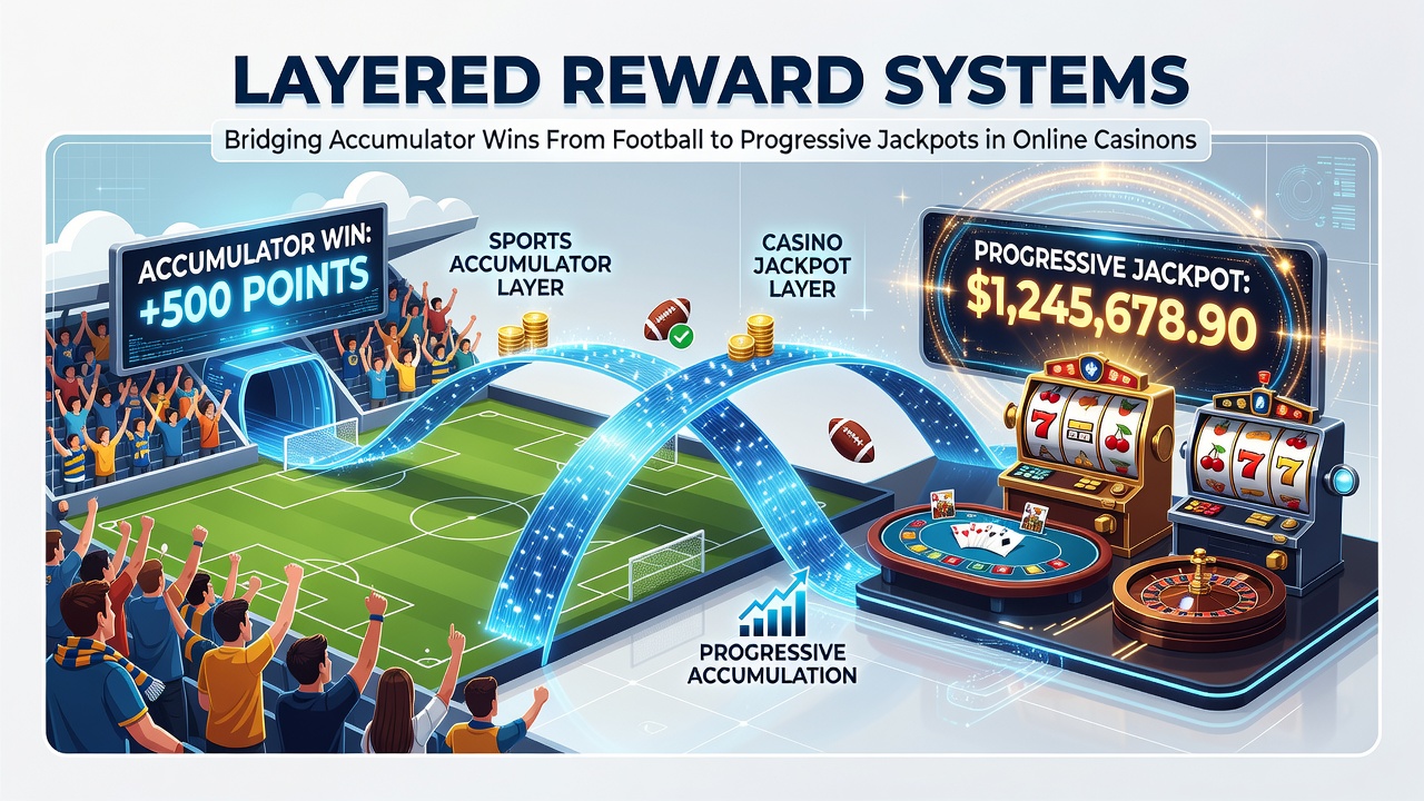 Illustration of progressive jackpot meters linked to converted accumulator winnings in an online casino interface