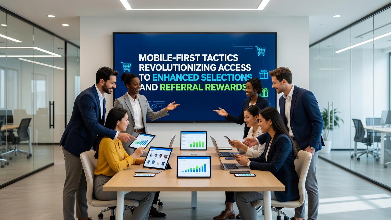 Group of friends engaging with mobile referral rewards while viewing enhanced selections on tablets and phones