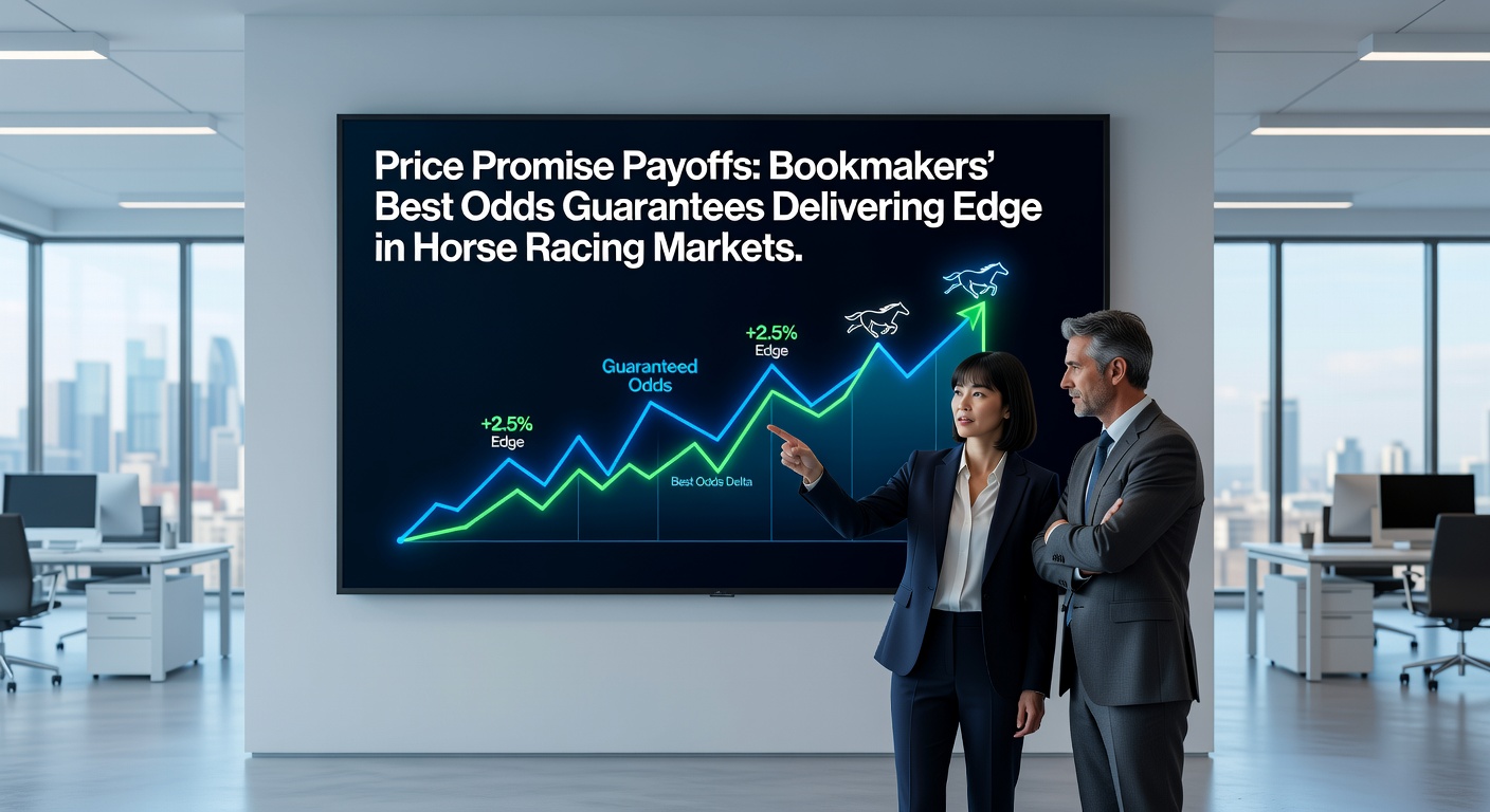 Close-up of a bookmaker's app displaying best odds guaranteed offer on an upcoming horse race, with price drift graphs and payout calculations visible