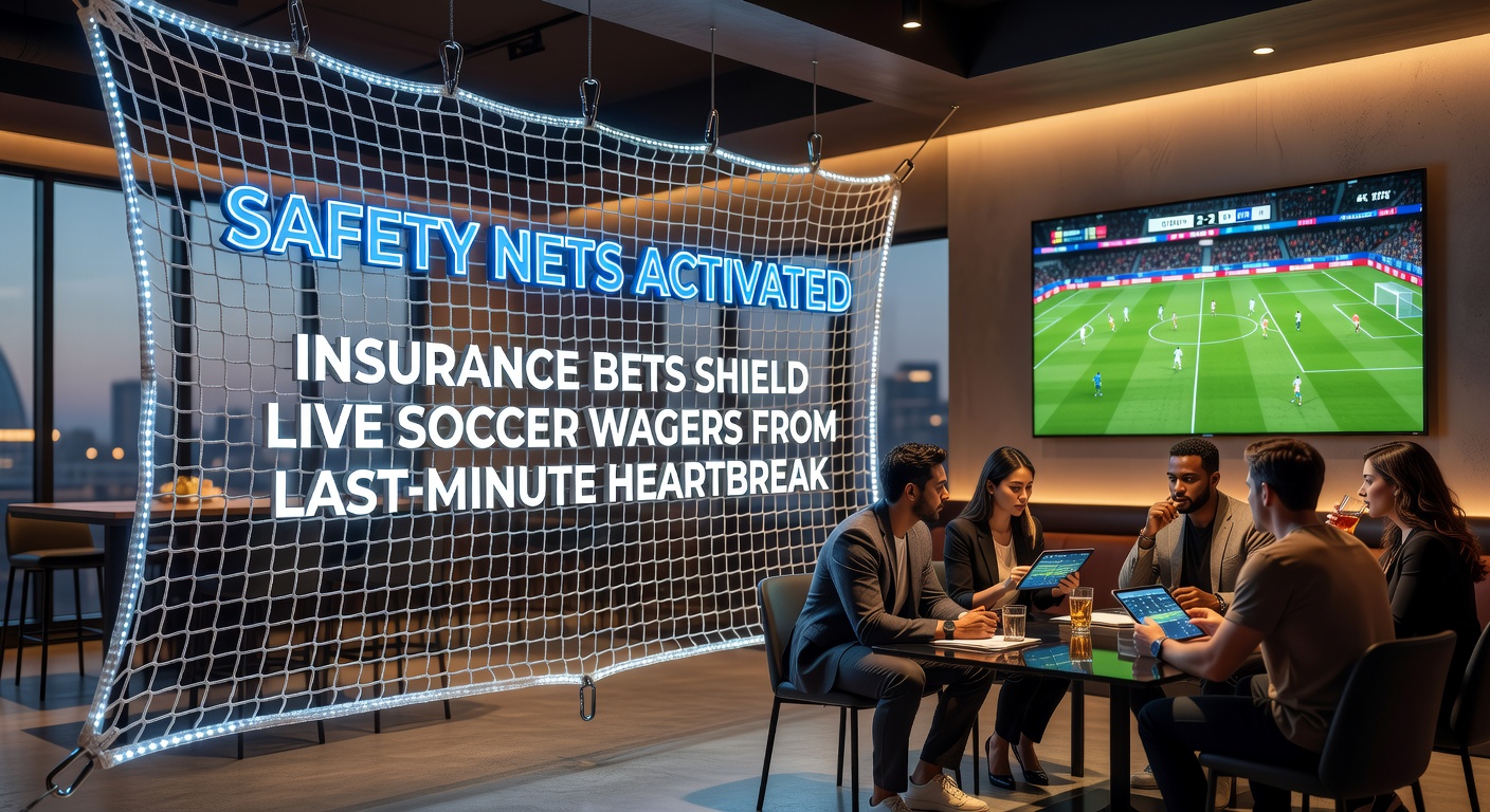 A tense soccer match scene with a player celebrating a late goal, overlaid with graphics showing bet insurance shields protecting wager icons from heartbreak