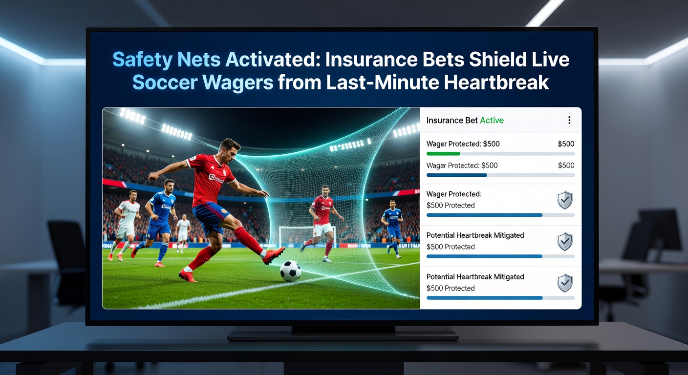 Graphic illustration of a soccer bet interface displaying insurance bet activation during a live match, with refund arrows protecting against a late goal