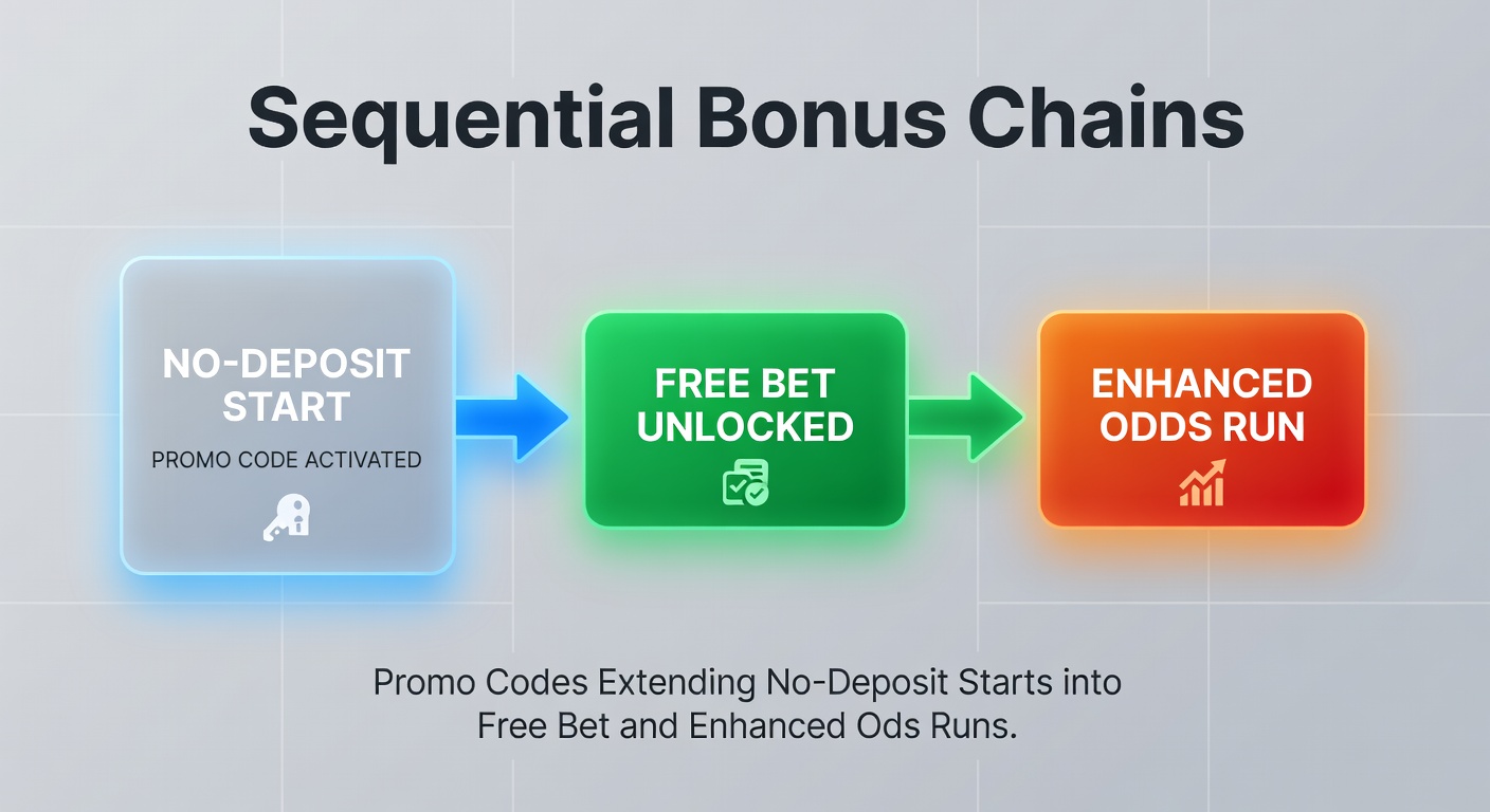 Visual diagram showing a chain reaction of no-deposit bonuses evolving into free bets and enhanced odds boosts