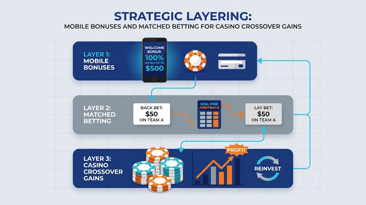 Flowchart-style graphic illustrating bonus layering from mobile sports bets through matched positions into casino game selections