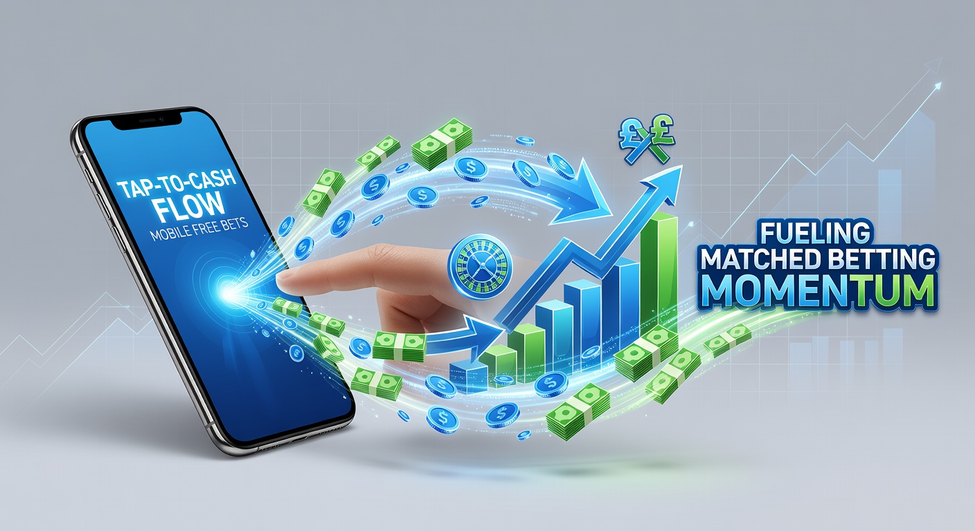 Smartphone screen displaying a mobile betting app with a free bet offer active, overlayed with icons representing cash flow from tap to payout in matched betting scenarios