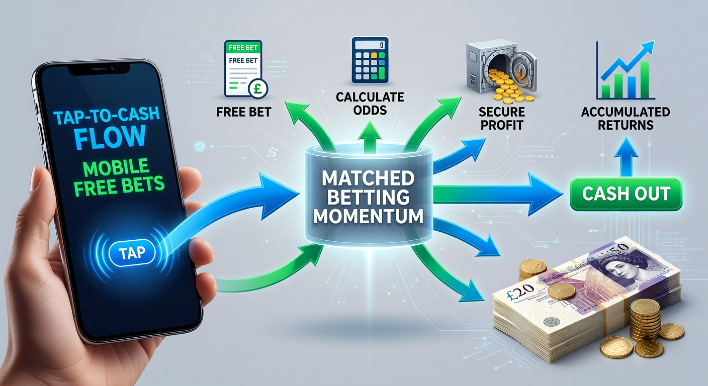 Illustration of a cash flow diagram from mobile phone tap to betting exchange lay-off, culminating in a digital wallet payout, with speed lines emphasizing the rapid tap-to-cash process