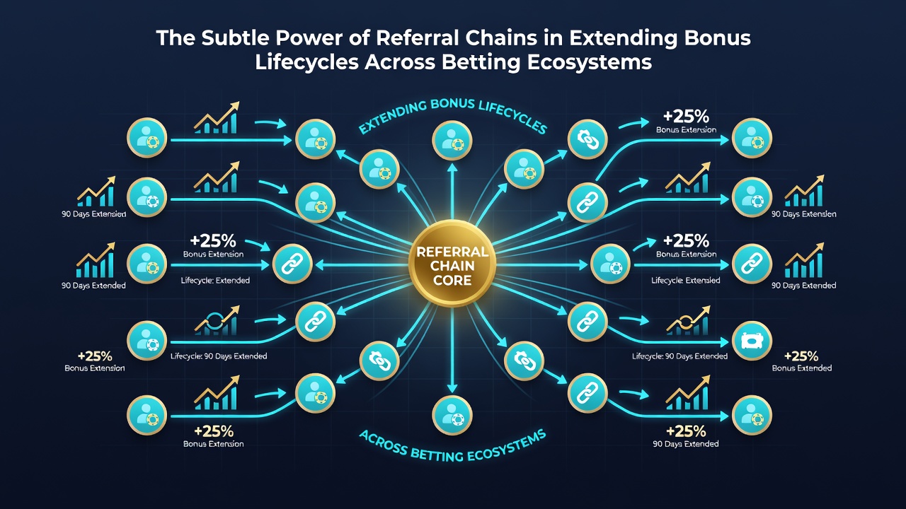 Infographic showing bonus lifecycle extension through multi-level referral networks in betting ecosystems