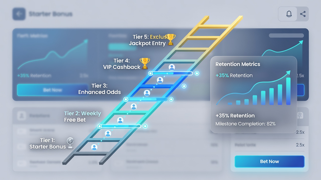 Infographic illustrating retention metrics and user progression through reward tiers in betting platforms