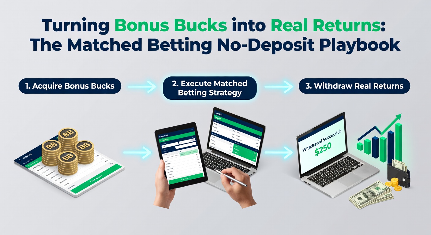 Infographic breaking down a step-by-step no-deposit matched bet with profit calculations