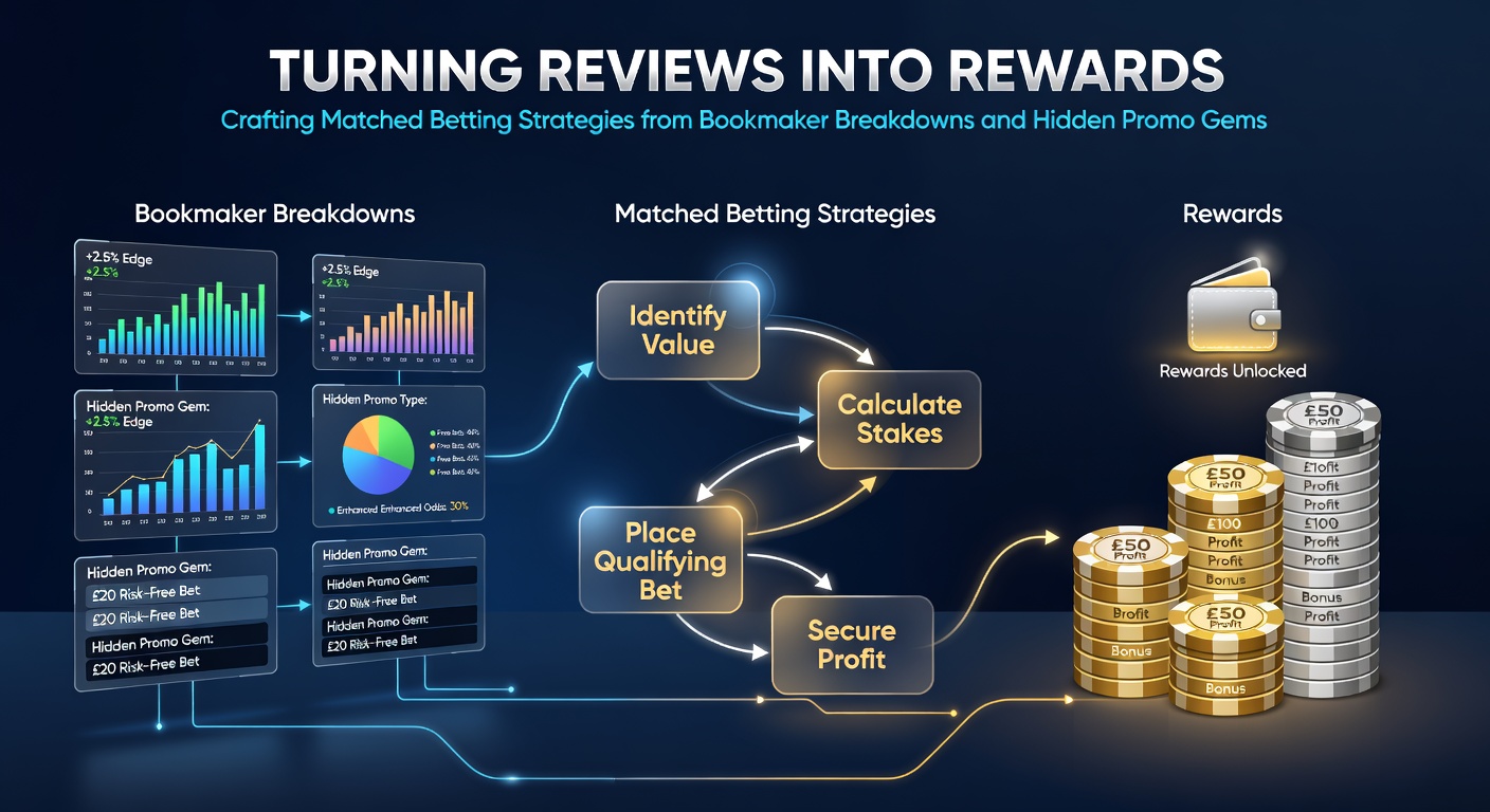 Diagram showing matched betting flow from review analysis to profit extraction, with arrows linking bookmaker terms, promo codes, and exchange lay bets